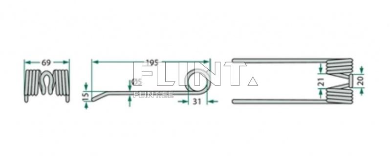 Toode on terasest vedru, mille mõõtmed on 195 mm pikkuses ja 69 mm laius. Vedru keskel on ringikujuline element, mille läbimõõt on 5 mm. Vedru ühes otsas on kaks keerutust, mis on 21 mm kõrgused.