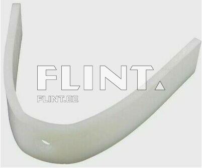 Toode on valge, kõver, õhuke plastdetail, mille alumine serv on tasane ja ülemine serv painutatud. Detailil on auguke ühes servas.