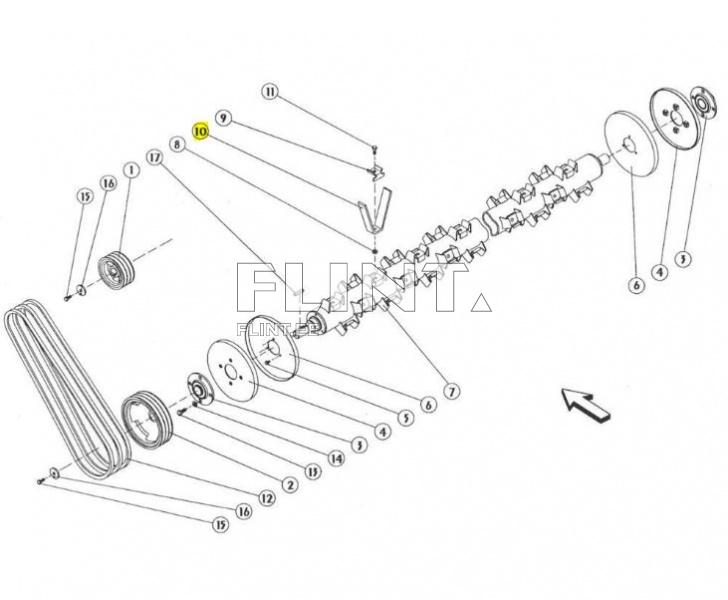 Joonisel on erinevad masinakomponendid, sealhulgas rihmad, ratas ja klapid, mis on nummerdatud ja paigutatud selgelt eraldatud sekti. Osade vahel on märgised, mis näitavad nende asukohti ning suunda.