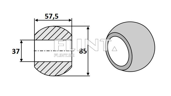 Pilt näitab silindrilist objekti, millel on mõõtmed: diameeter 57,5 mm ja kõrgus 37 mm, ning külgvaates näha ka tühimik koonusel, mille mõõtmed on 85 mm.