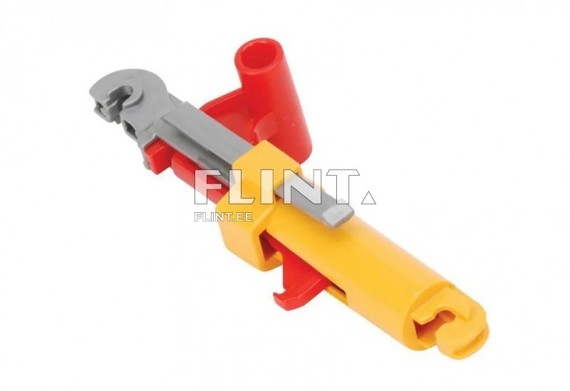 Toode on multifunktsionaalne plastist tööriist, millel on punane, kollane ja hall värv. Tööriistal on reguleeritav osa ning kumer kuju.