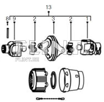 Pildil on tõukeruumi ühendugelementide joonistus. Ülemine rida, tähistatud numbritega 1 kuni 13, näitab eri kõiki komponente, sealhulgas ülemist pöördlülitit. Alumine osa esitleb detaile, sealhulgas vedru ja kinnitusi, nii nagu need on joonistatud.