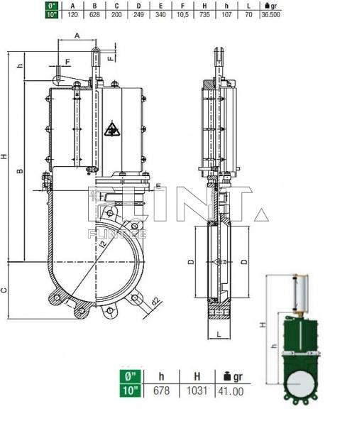 Toode on 10 tolline klapp, millel on standardiseeritud mõõtmed ja oranž sümbol. Klapi joonis sisaldab detailide mõõtmeid ja allpool on näidatud ka selle kõrgus ja kaal.