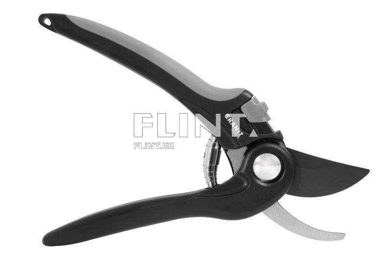 Aiakäärid mustast ja hallist materjalist, teravad tera ja käepide, mõlemal küljel on silindriline nupp.