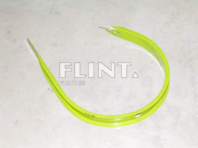 Kaks kumerat ja rohelise värvi jooned, millel on valged otsad, asuvad hallil taustal.