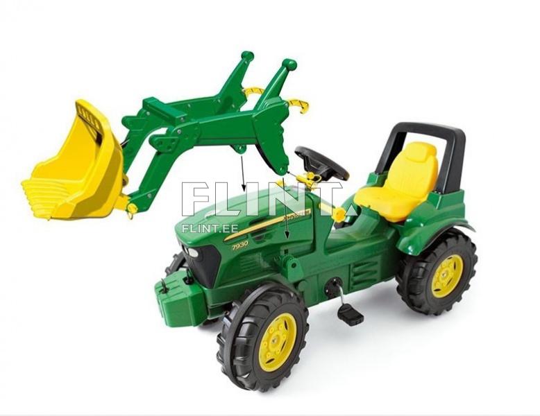 Mängu traktor koos kollase istekoha ja rooliga, millel on mustad rehvid ja roheline kere. Traktori esiosas on attacheeritud kollane ja roheline kaevur.