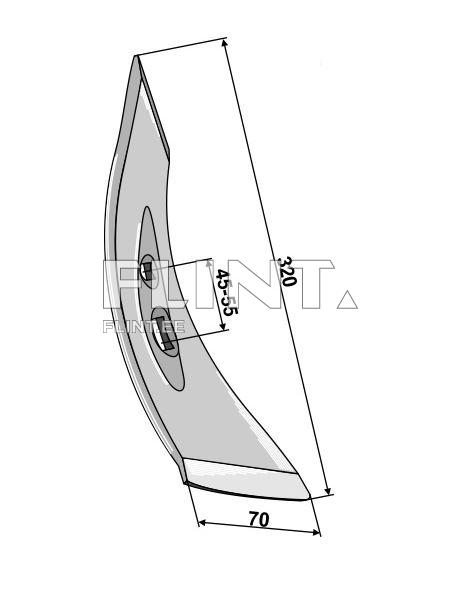Toode on kaardus terasest detail, mille pikkus on 320 mm ja laius 70 mm. Keskel on kaks avamist, mille vahe on 45-55 mm.