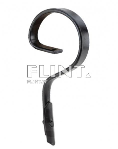 Toode on must metallist kinnitus, millel on keerduv ots ja tasane alus.