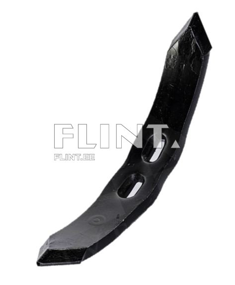 Keevitatud musta metalli detail, millel on kahe avaga kujund. Üks ots on terav, moodustades nurga, samas kui teine osa on sirge ja kumer.