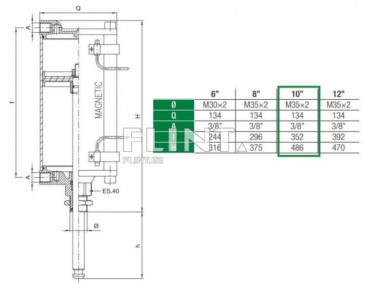 Toode on lõikepilt magnetilisest seadmest, millel on mitmed mõõdud ning andmed. Kõige tähendusrikkam on 10-tolline sektsioon, mis on rõhutatud ja sisaldab mõõtmeid M35×2.
