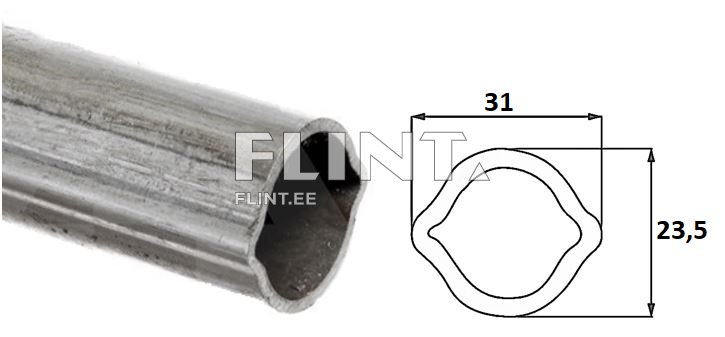 Pilt näitab metallist toru, millel on sümmeetriline lõik. Toru on pealispinnalt poleeritud ja sellel on väljendunud avaus. Paremal on toru lõikejoon, mille mõõtmed on 31 mm ja 23,5 mm.