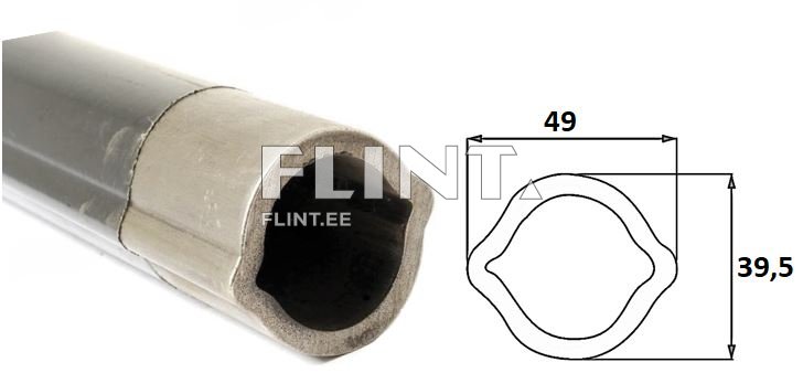 Pilt näitab metalltoru, millel on ellipsikujuline ristlõige. Toru lõpp on avatud ja selle mõõtmed on tõmmatud diagrammimisega paremal pool, kus on näidatud laius 49 mm ja kõrgus 39,5 mm.