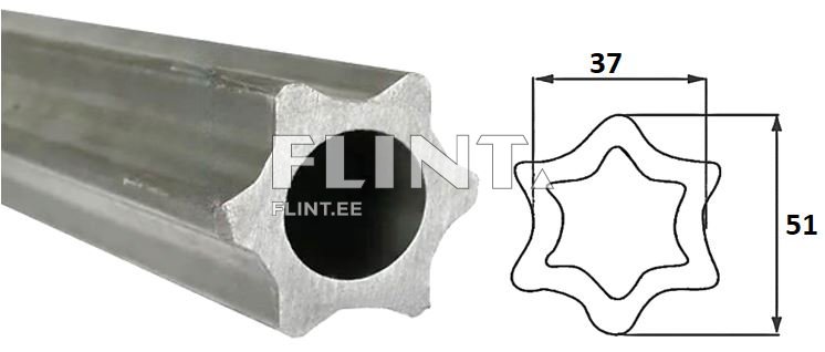 Pilt näitab metalltoru, millel on kuueharuline tähtekujuline ristlõige ja tühimik keskel. Toru on hõbedane ja siledad pinnad.