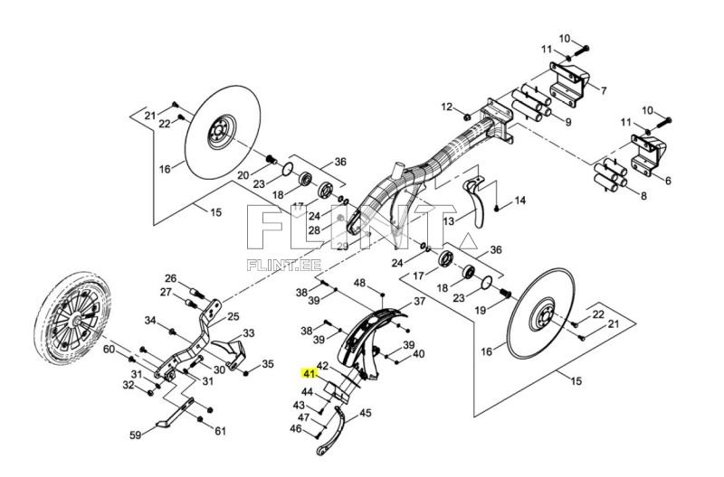 Joonisel on illustratsioon mootorratta pidurisüsteemi komponentidest, sealhulgas pidurikettast ja muid elemente, tähistatud numbritega. Iga detail on paigutatud selgelt, et näidata nende seoseid ja asukohti.
