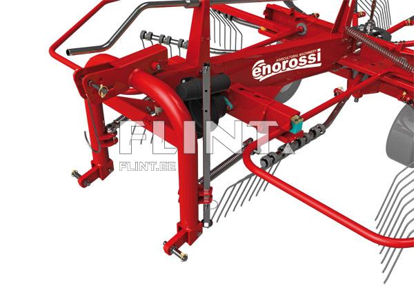 Red agricultural machine component with the logo "Enorossi," featuring various mechanical parts, levers, and rakes.