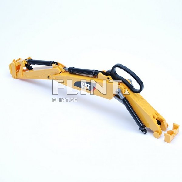 Tööstuslik kollane kaevamisvarustus, millel on mustad hüdraulilised torud. See on kaetud CAT logo ja tõstemehhanismiga, mis asub vasakus servas.