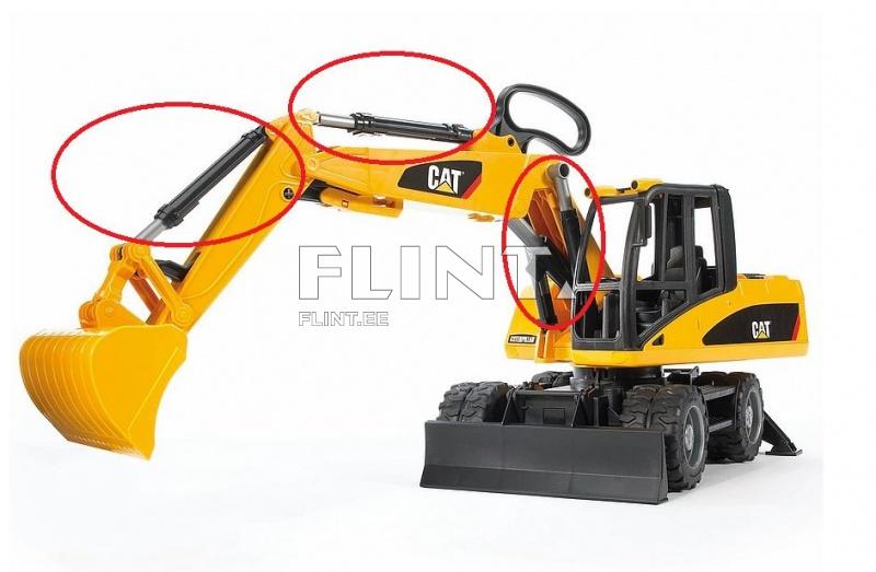 Kollane ekskavaatorimudel, millel on liikuv kaevamisvarustus ja detailne kabiin. Mudelil on suur esiklaas ja mustad rattad.