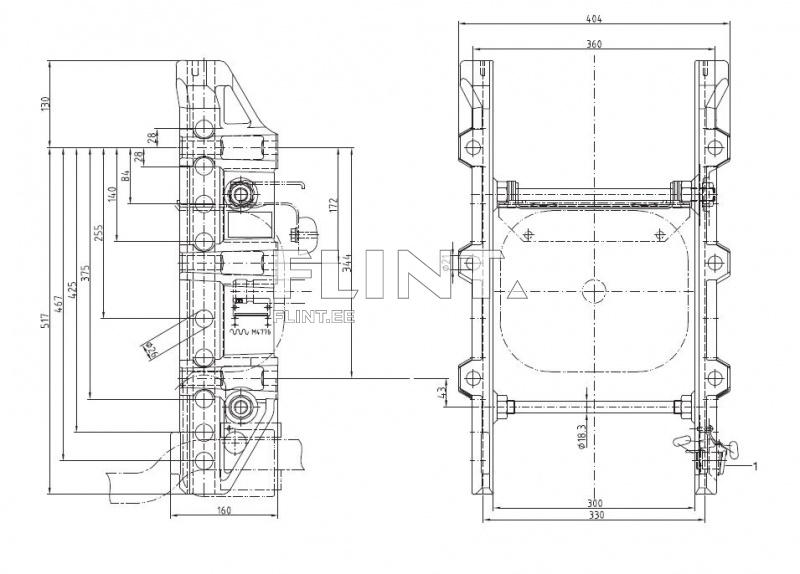 Joonisel on näha masinatükk, mille mõõtmed on selgelt välja toodud. Küljed on väljendatud täpsete joontega, märkides vajalikud mõõtmed ja komponente, sealhulgas erinevaid avasid ja elemente.
