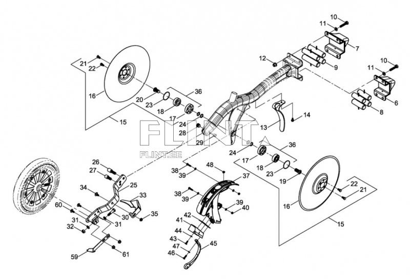 Pildil on koostamisjuhend, mis näitab mootori osi ja nende paigutust. Näha on rattad, piduritooted ja erinevad kinnitusdetailid, mis on nummerdatud. Osad on paigutatud diagrammina, et hõlbustada kokku panemist.