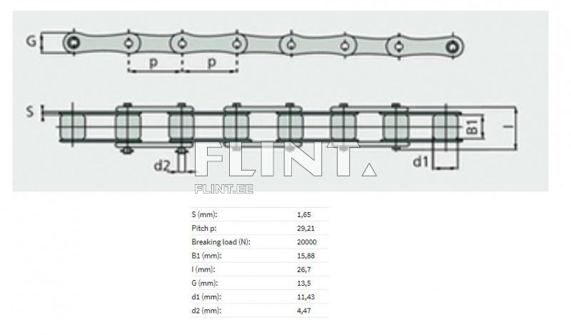 Toode on ketti kujutav joonis, millel on numbrilised mõõtmisandmed, sealhulgas S, p, B1, l, G, d1 ja d2.