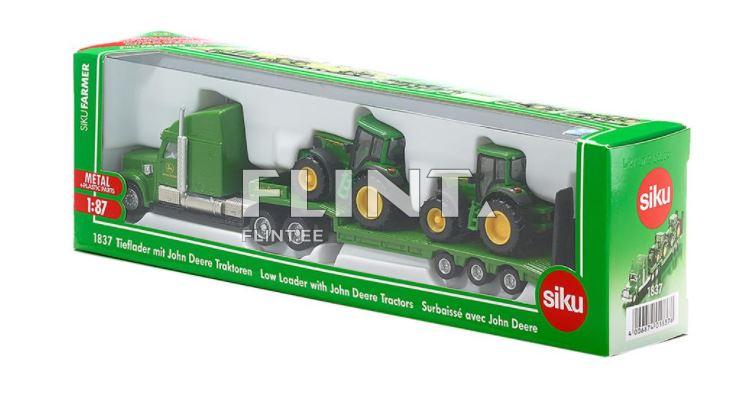 Rohelise ja hõbedase värviga mudel, millel on kaks John Deere traktorit, mis on laaditud madalal haagisel. Pakend on läbipaistev, et näidata mudeli detailset kujundust ja markeeringut.