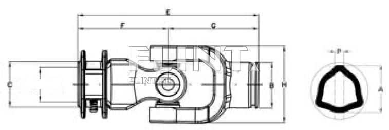 Joonis näitab ülekandemehhanismi detaili panoramapilt. Detailil on ümar keskosa, kaks külgmist haardet, ja mõõtude joonised. Paremal pool on detaili noa kujuline lõikepilt.