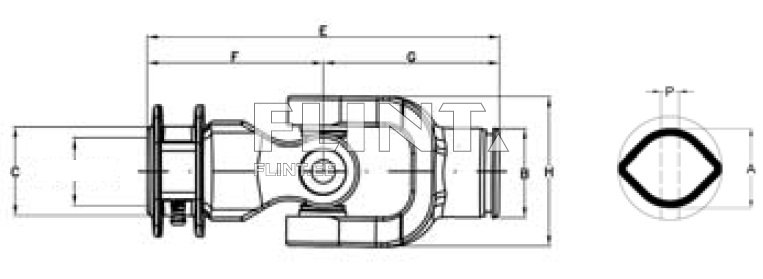 Detailne joonis, mis näitab ühendusdetaili, sealhulgas mõõtmed C, E, F, G, H ja P. Ühendusdetail on välja kujundatud peamiselt ühenduste ja liigendite jaoks.