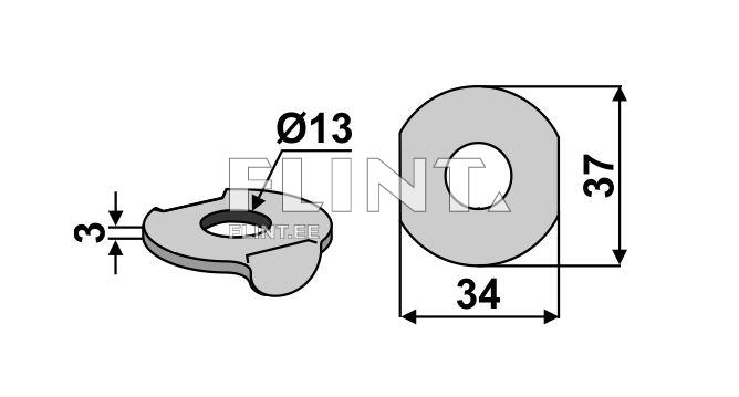 Toode on metallist ring, mille läbimõõt on 34 mm ja keskel on 13 mm auk. Tootel on eriline kuju, millel on küljel väljaulatuv osa. Ringi paksus on 3 mm.