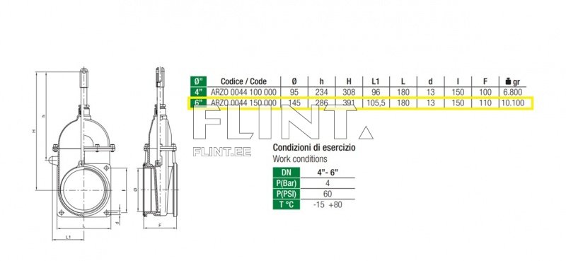 Toote joonisel on kujutatud kahe tüüpi ventiili, mille läbimõõt on 4 tolli ja 6 tolli. Joonisel on näidatud ventiili mõõtmed, sealhulgas kõrgus, laius ja mass.