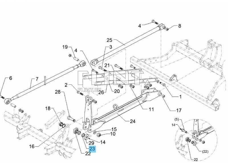 Toode sisaldab erinevaid mehaanilisi komponente, sealhulgas varda ja kinnituspolte. Jooniselt on nähtavad 29 numbrit, mis viitavad osadele ning nende ühenduspunktidele. Komponendid on paigutatud tasasele pinnale, näidates mitmeid erinevaid osi, sealhulgas nurgaplaate ja jooniseid.