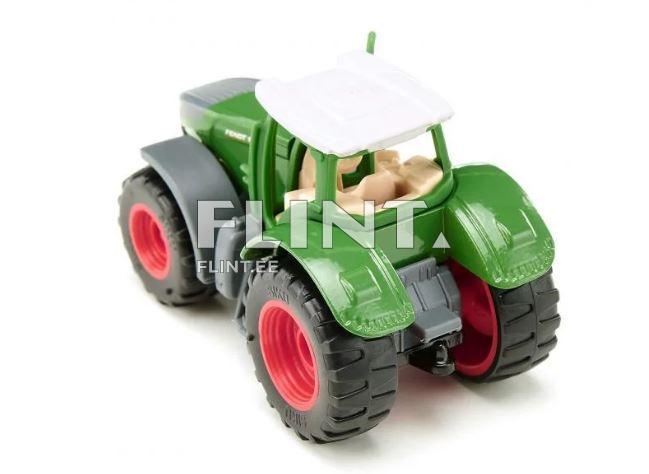 Roheline traktori mudel, millel on punased rehvid ja valge katus. Istme kohal on näha kahte istet ning värvikas esteetika eristab seda mudelit.