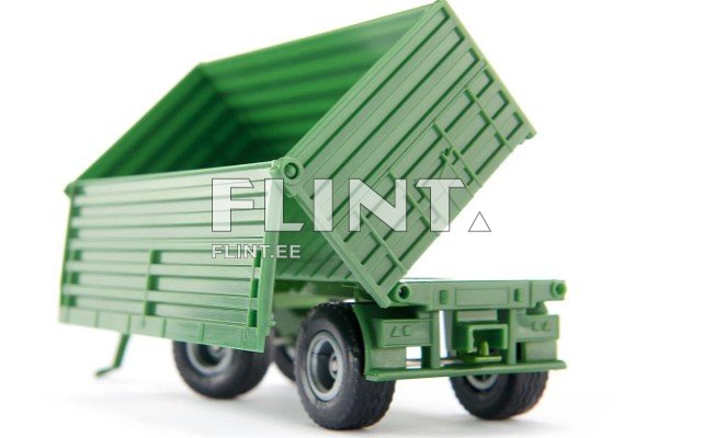 Roheline mänguasjaveoauto, mille kasti osa on tõstetud ja avatud.