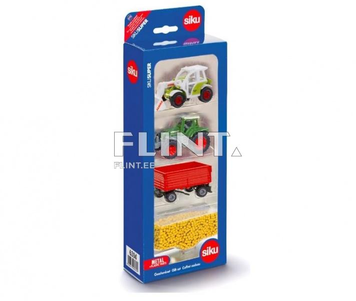 Pakendis on kolm metallmudelit: valge traktor, roheline traktor ja punane veok. Alumisel kohal on riputatud kollased terad.