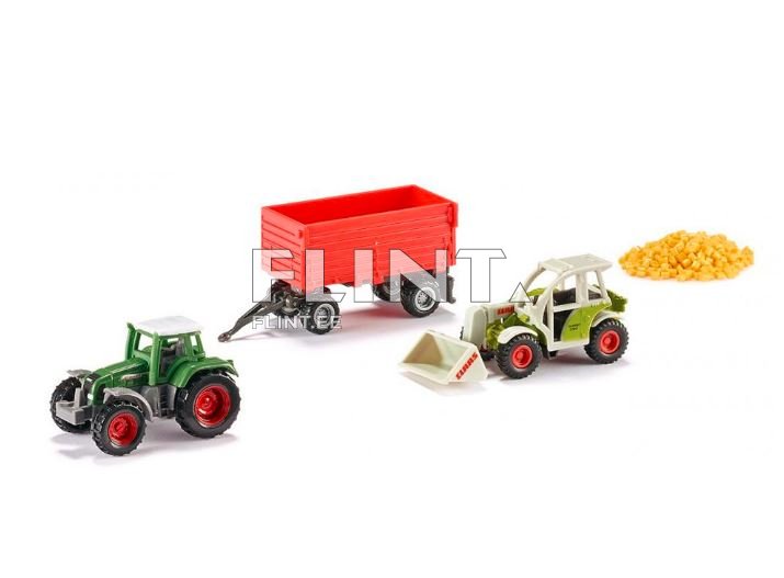 Pildil on kaks väikest traktorit, üks roheline ja teine valge. Roheline traktor on vasakul, millel on mustad rattad ja valge katuseosa. Valge traktor asub paremal, käepideme ja laia esiprooviga. Kirjeldamatu punane kärukaubik asub nende vahel ja kollane teravilja kokku kogunev hunnik on pildil paremas servas.