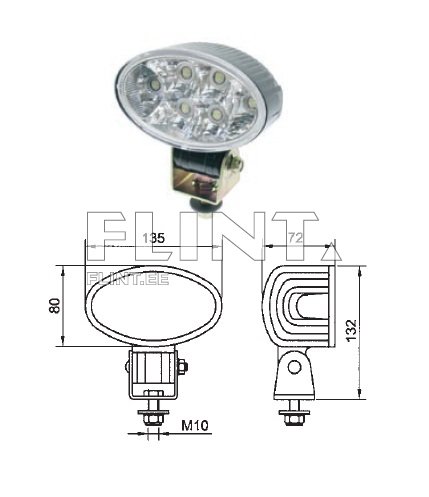 LED töövalgusti ovaalse kujuga, millel on kuus LED-pirni ja toiteüksus põhja küljes. Toode on paigutatud joonise kaudu, mis sisaldab mõõtmeid.