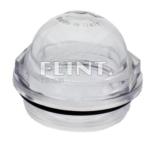 Selge plastist kaan, mille ülaosa on kumer ja allosas on must kummitihend. Kaanel on kiri 'Made in Italy'.