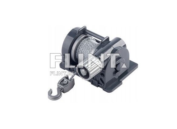 Tõstuk, millel on roositehtud köis ja konks, on paigaldatud mustale alusele. Tootel on metallist detailid ja selgelt nähtav spindel.