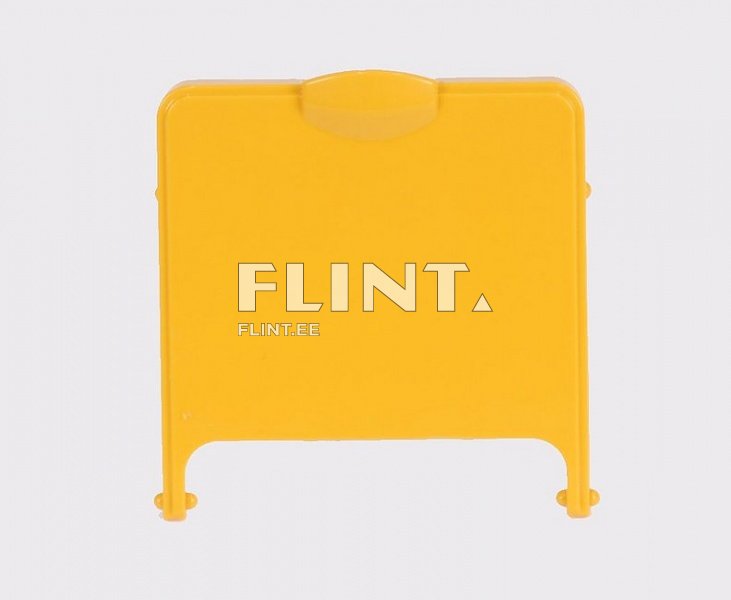 Kollane plastmassist märk, mille ülaosas on käepide. See on nelinurkse kujuga ja sellel on nurgad kergelt ümardatud.