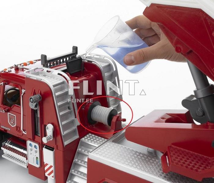 Pildil on punane tuletõrjeauto, millel on rool ja metallist redel. Üks käsi valab veega täidetud mõõtja otse auto veetoru, mis asub päästeliini juures.