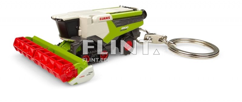 Võtmehoidja, mis kujutab kokkuvolditavat põllutöömasinat, millel on must, valge ja roheline värvus. Esiosas on punane terade osa.