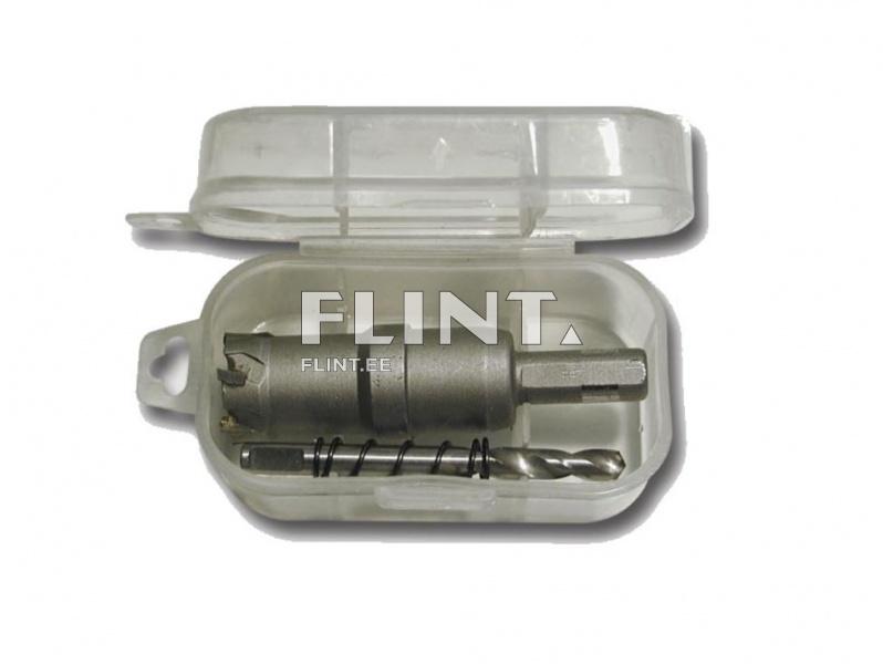 Selge plastkarp, mis sisaldab metallist tööriistu. Karbis on erineva suurusega ava niitmisel mõeldud lõikepead ja puuri.