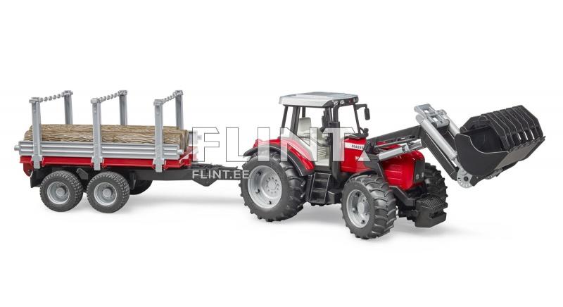 Traktor Massey Ferguson 7480 + laadur + metsaveo haagis Bruder 1:16