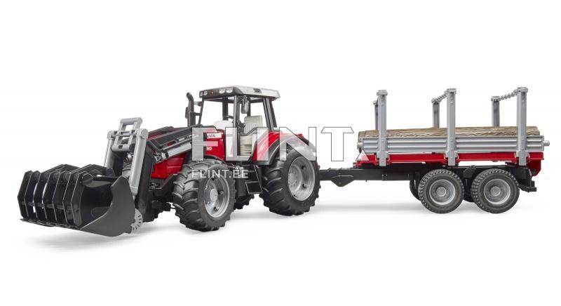 Traktor Massey Ferguson 7480 + laadur + metsaveo haagis Bruder 1:16