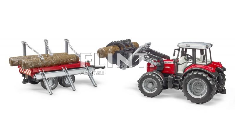 Traktor Massey Ferguson 7480 + laadur + metsaveo haagis Bruder 1:16