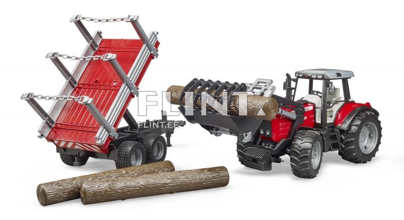 Traktor Massey Ferguson 7480 + laadur + metsaveo haagis Bruder 1:16