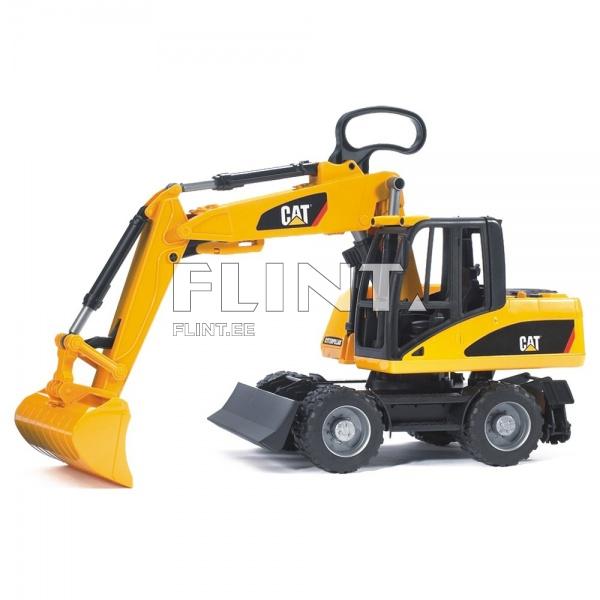 Kolme ratastega ekskavaatori mudel on kollane ja must, koos eristatava CAT-logoga. Kõrgem osa sisaldab kabiini ja pikendatud käpa, millel on eelvalmistatud kaevamisotsik.