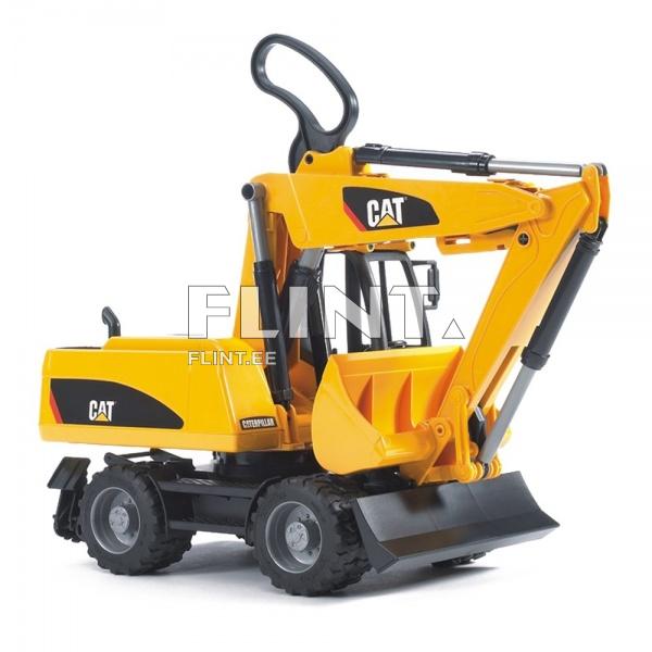 Kollane ekskavaator on esitatud detailse mudelina, millel on musta tootemärgi logo. Sellel on kaks suuremat tööriista: kaevamispeade ja küljepõhi.