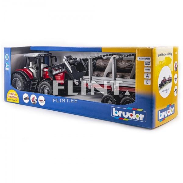 Traktor Massey Ferguson 7480 + laadur + metsaveo haagis Bruder 1:16