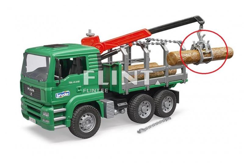 Roheline veoauto, millel on puude transportimiseks mõeldud tõstuk. Kastis on kolm puutüve, mis on kinnitatud raami külge. Tõstuk on punane ja on varustatud haaritsaga puutüvede tõstmiseks.