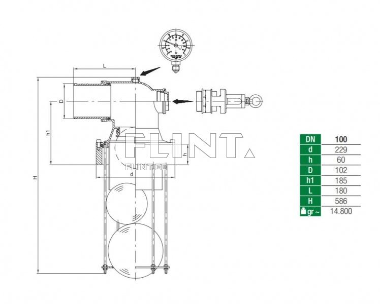 Joonisel on näha tehniline joonis, kus on rõhu mõõdik ja toruvariant, mille kõrgus on 586 mm, laius 229 mm ning läbimõõt 102 mm. Üksus on jagatud kaheks ümaraks elemendiks, allosas olevad mõõtmised on selgelt välja toodud.